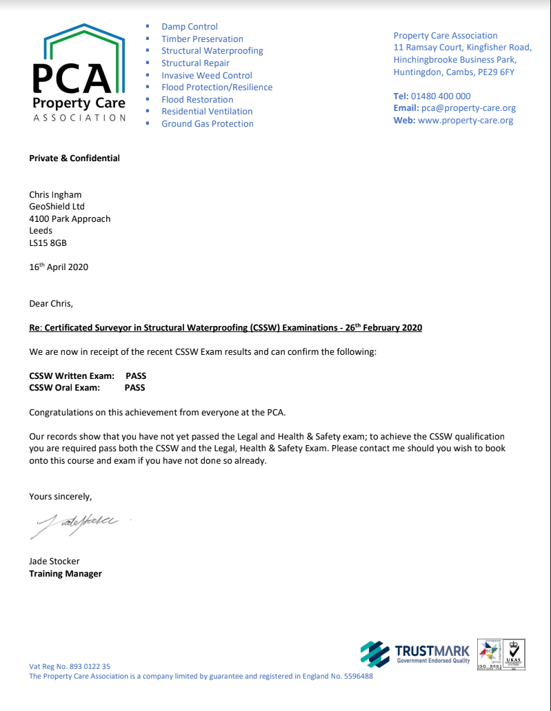 Chris Ingham Passed Certificated Surveyor in Structural Waterproofing (CSSW)