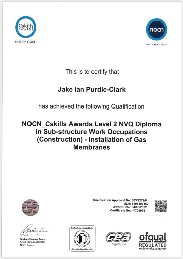 jake purdie nvq certificate for ground gas membrane installation